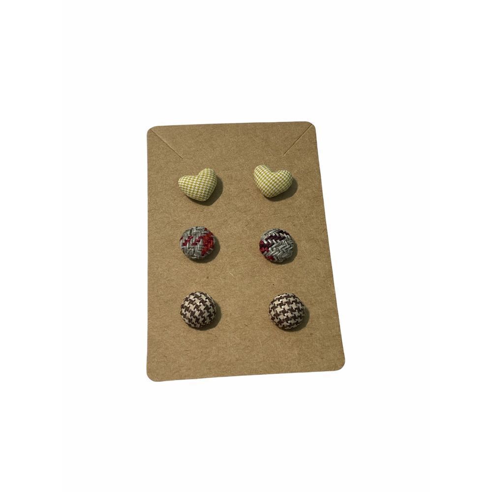 Fabric Covered‎ Button Earring Stud Set Plaid Brown